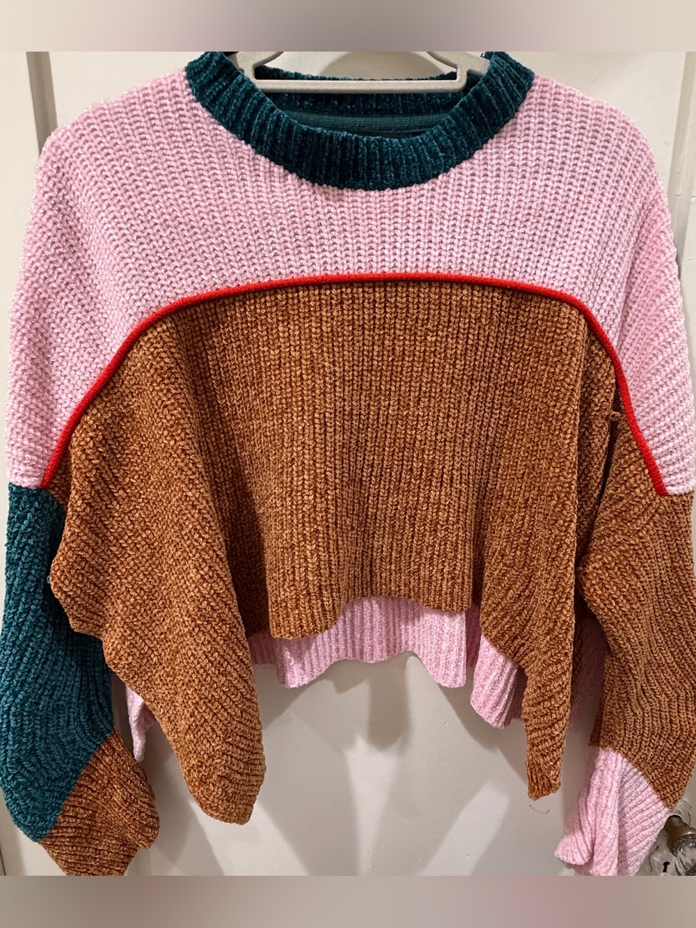 Urban Outfitters Colorblock Crewneck Sweater in Pink, Brown & Dark Green